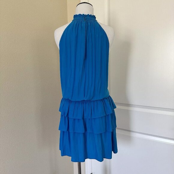 Ramy Brook Ruffle Tiered Blue Mini Dress Halter Neck Size L - Picture 2 of 9